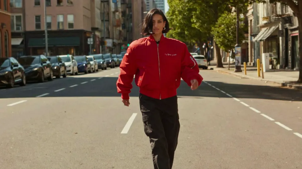 The same avenue with an AI-generated adult woman in a black bob and red jacket
